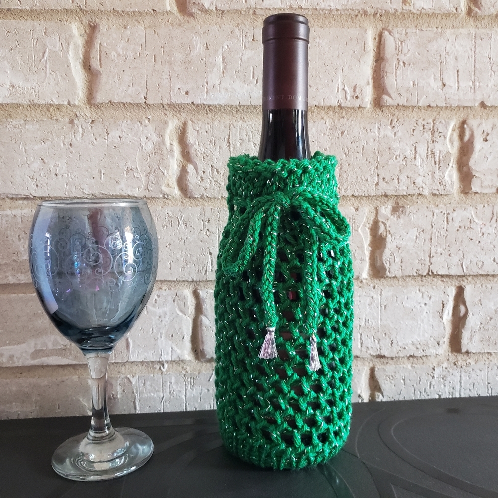 SALE Green Handmade Knit Wine Bottle Holder, Sweater